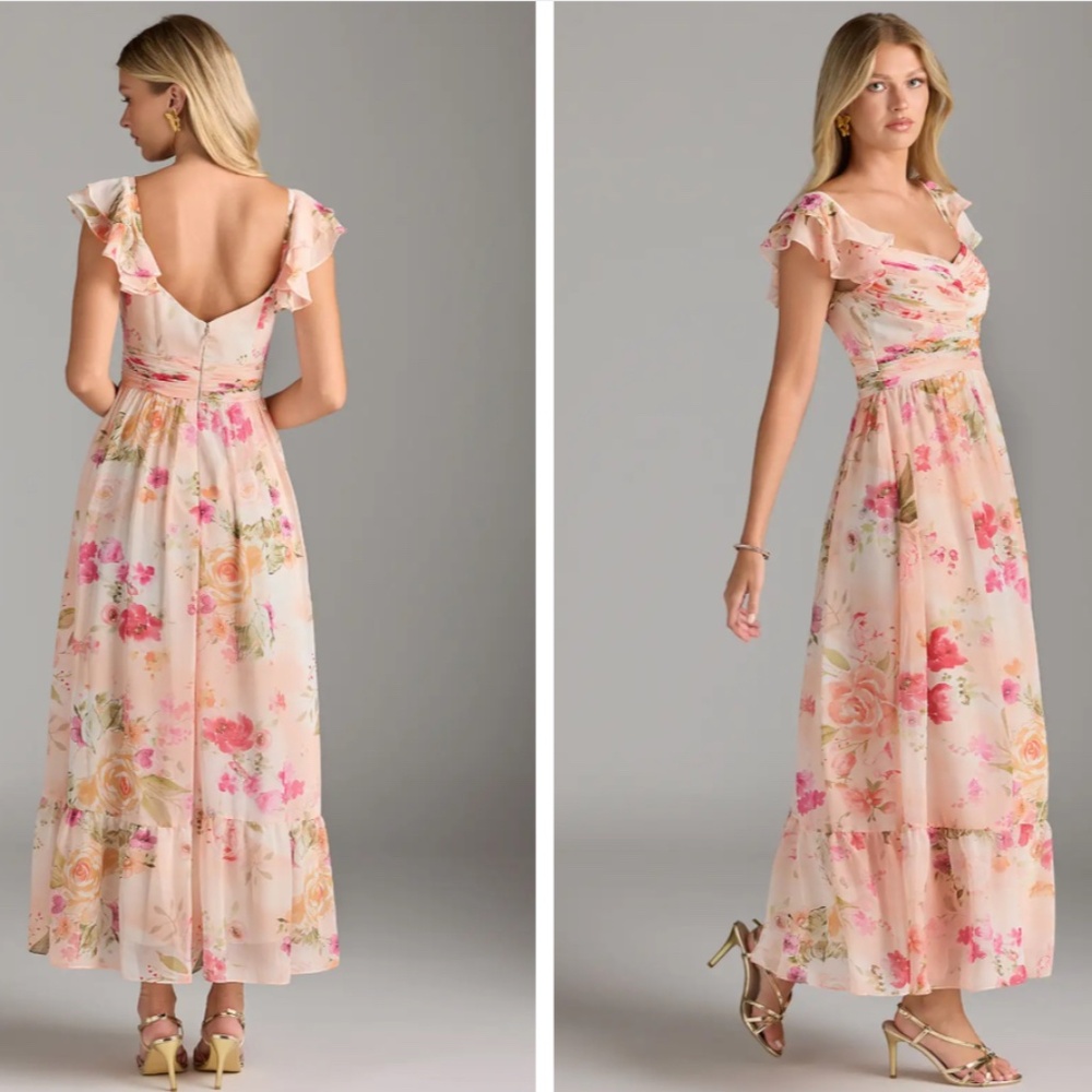 Azazie Pink Floral Ruffle-Sleeve Maxi Dress